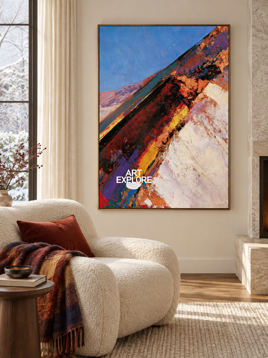 Colorful Abstract Landscape Canvas Painting With Red And Blue Tones