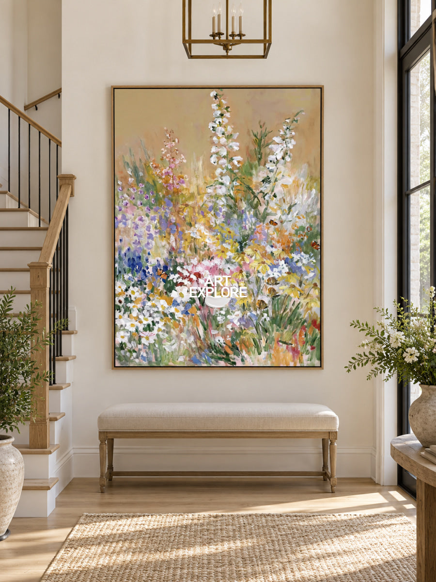 Colorful Abstract Floral Canvas Painting With Butterflies For Modern Home Decor
