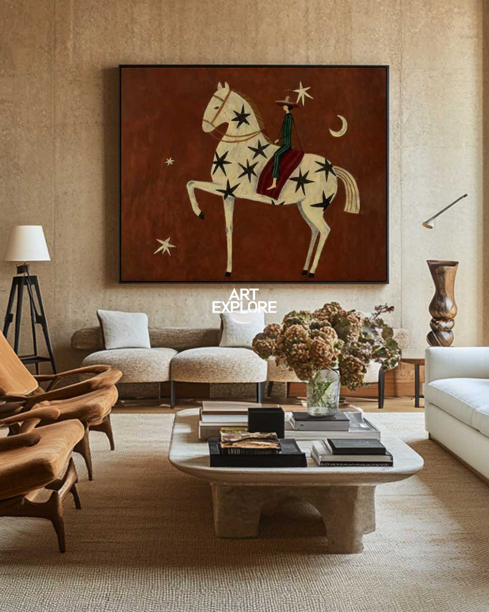 Folk Art Horse Painting With Stars And Moon For Living Room Decor