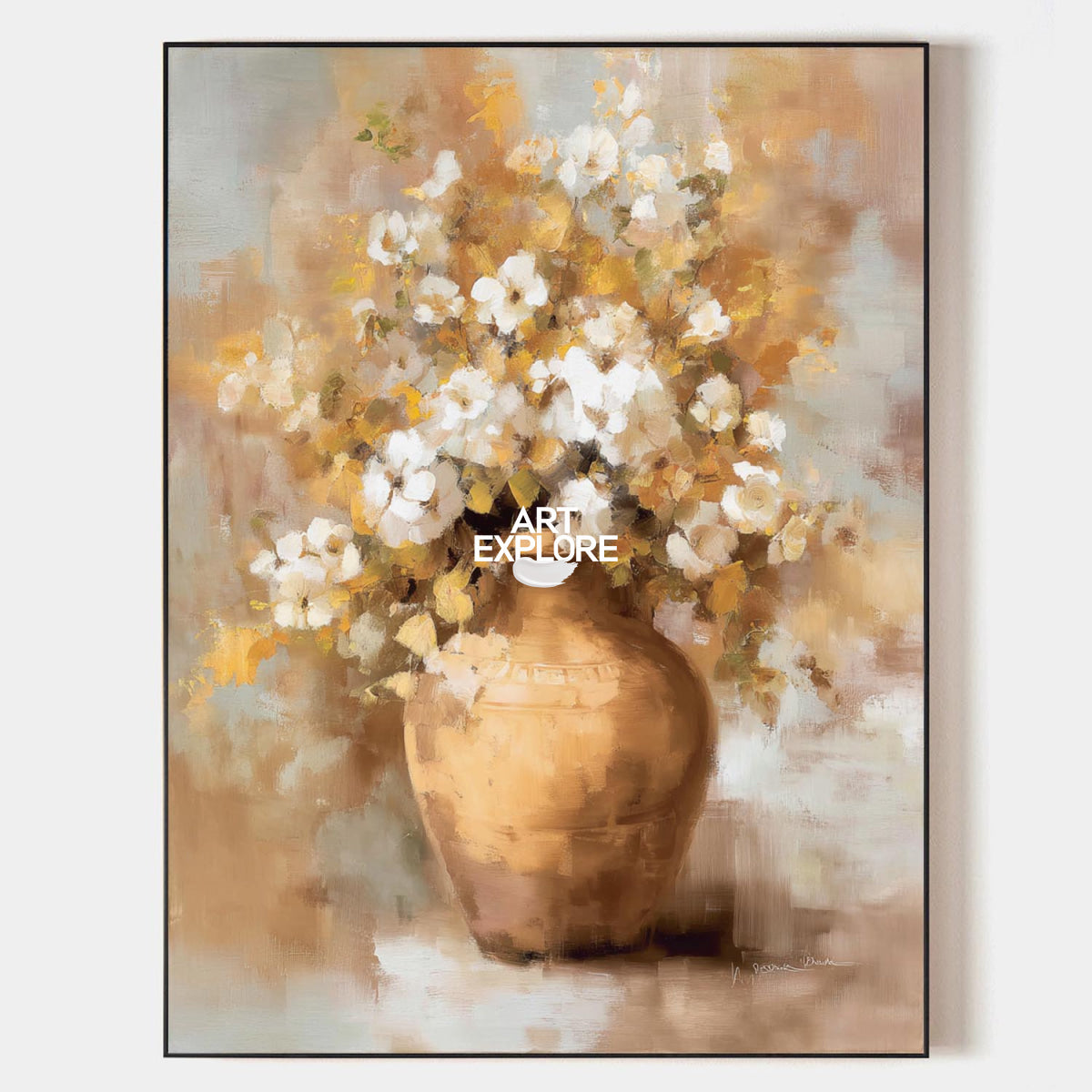 Luxury Abstract Floral Painting Warm Beige Gold Canvas Art For Living Room Decor