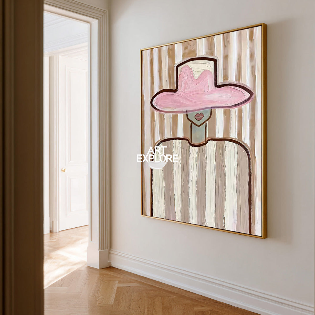 Minimalist Pink Hat Portrait Painting Brown Beige Abstract Wall Art For Living Room Vertical Canvas
