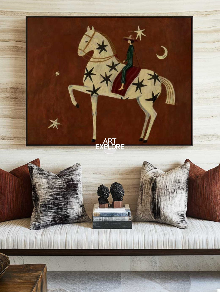 Folk Art Horse Painting With Stars And Moon For Living Room Decor