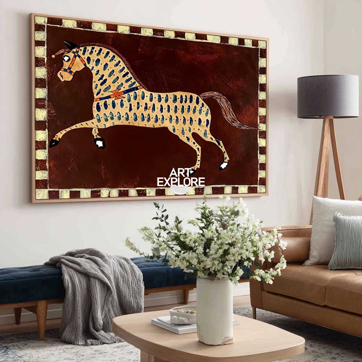 Vintage Folk Art Horse Painting On Canvas With Red Brown Tones For Living Room Decor