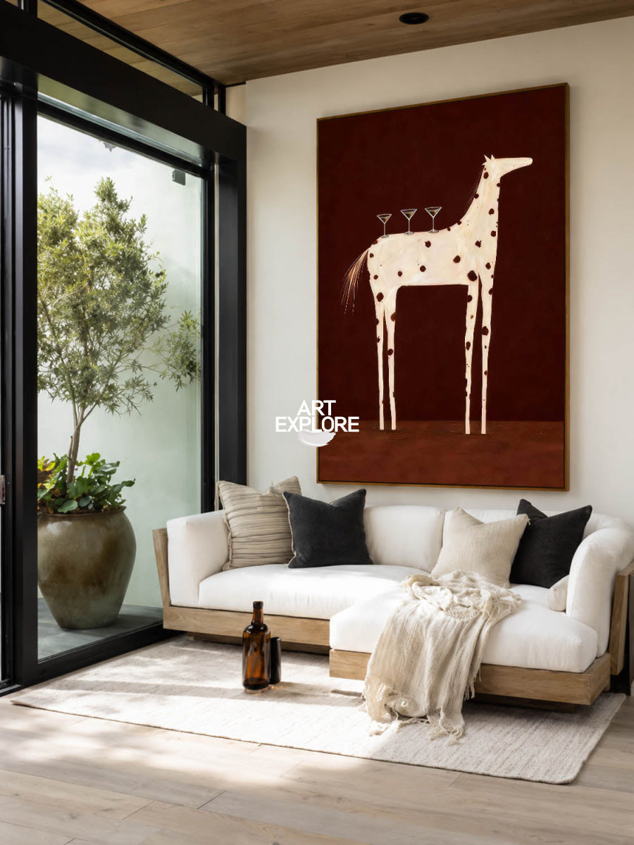Minimalist Horse Painting With Martini Glasses For Modern Dining Room Decor