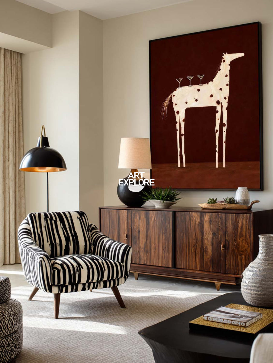 Minimalist Horse Painting With Martini Glasses For Modern Dining Room Decor