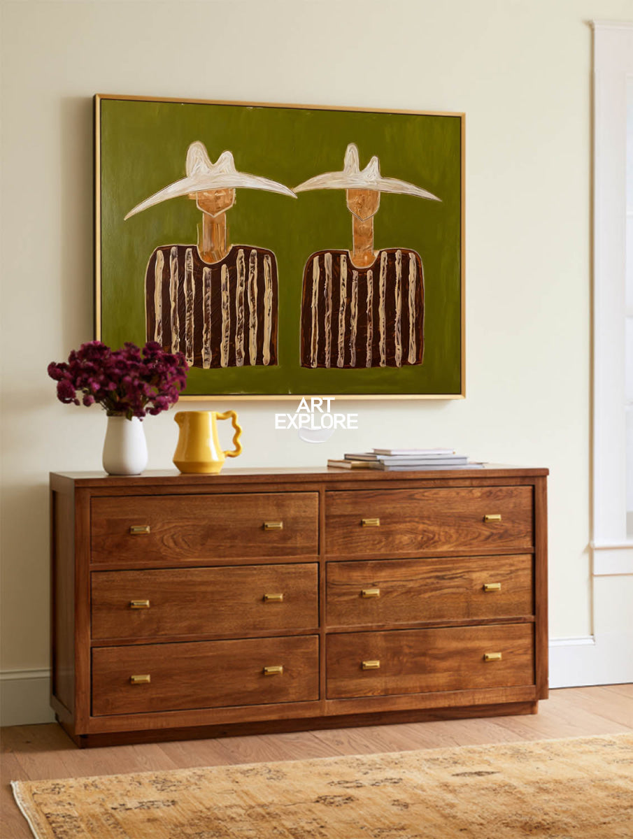 Minimalist Folk Art Painting Green And Brown Abstract Figures For Modern Home Decor