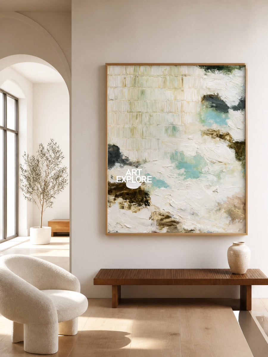 Abstract Textured Canvas Painting With Beige Grid And Teal Waves