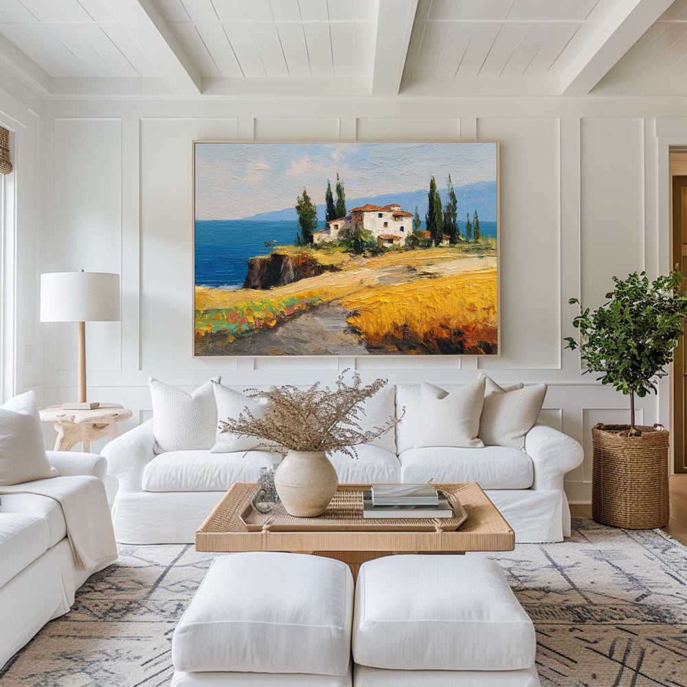 Mediterranean Coastal Landscape Canvas Painting – Modern Wall Art with Rich Textures by ArtExplore