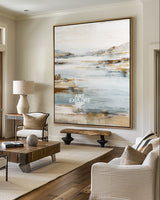 Minimalist Blue Beige Vertical Lake View Handmade Texture Art ArtExplore