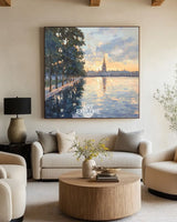 Minimalist Blue Lake Oil Painting Handmade Large Wall Art for Cozy Décor | ArtExplore