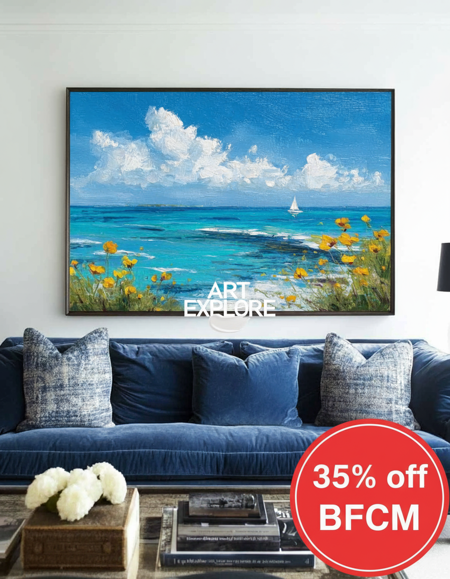 Minimalist Coastal Landscape Oil on Canvas, Large Wall Art for Lounge – ArtExplore