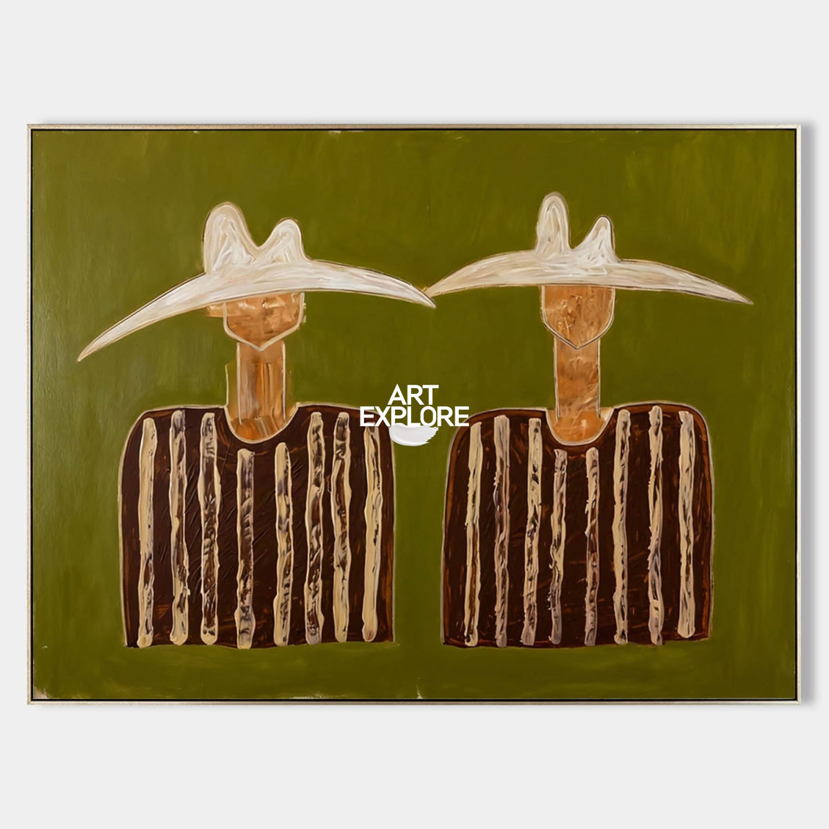 Minimalist Folk Art Painting Green And Brown Abstract Figures For Modern Home Decor
