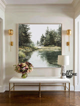 Minimalist Green Landscape Wall Art – Large Framed Oil Canvas | ArtExplore