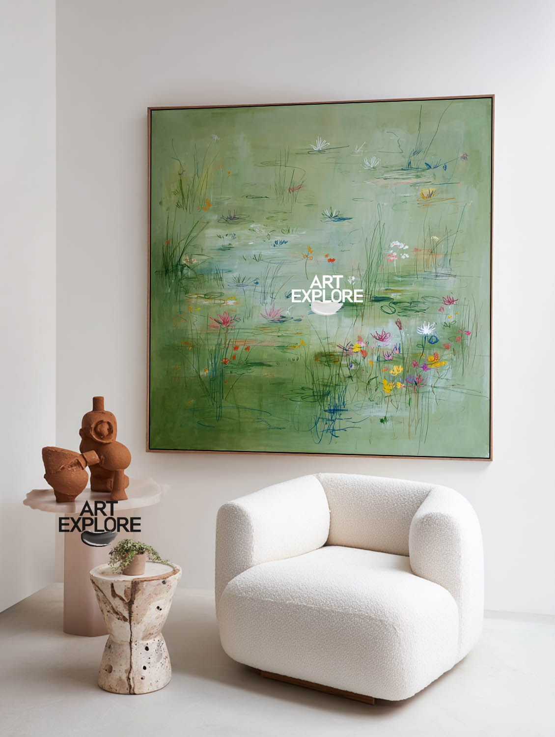 Minimalist Green Pond Painting | Large Square Canvas for Home Office