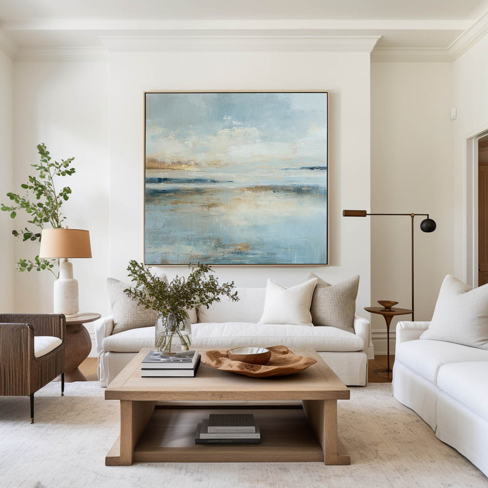 Minimalist Nature-Inspired Abstract Art – Soft Blue Landscape Painting on Canvas, Perfect for Large Wall Spaces