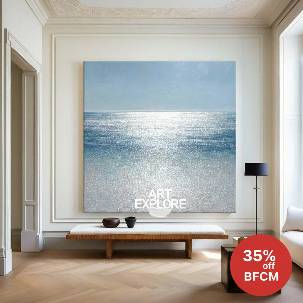 Minimalist Ocean View Wall Art, Textured Blue Oil Painting – ArtExplore