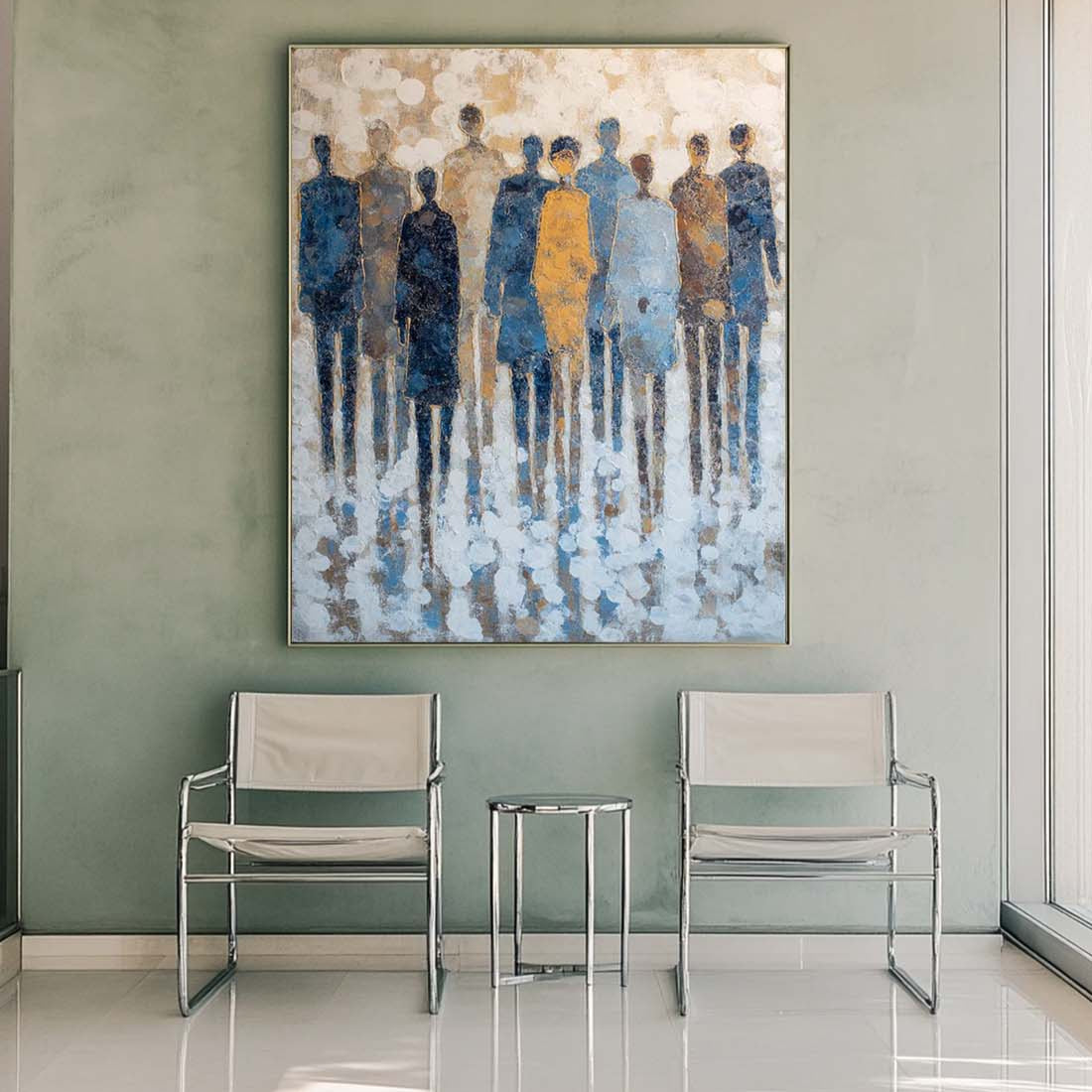 Minimalist Oversized Abstract Painting for Modern Interiors – Boho Style Blue Textured Wall Art for Home or Office