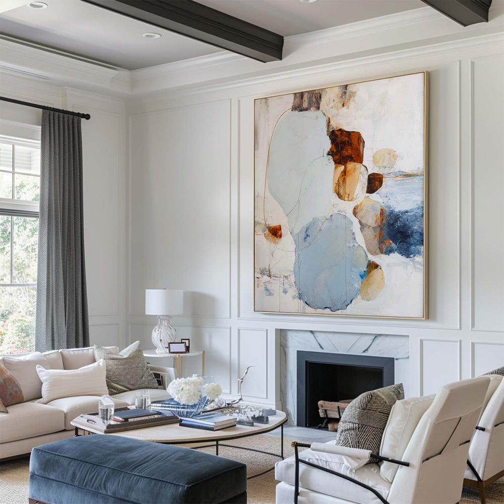 Minimalist Vertical Blue Abstract Art – Handmade Canvas with Sky Blue and Earthy Textures