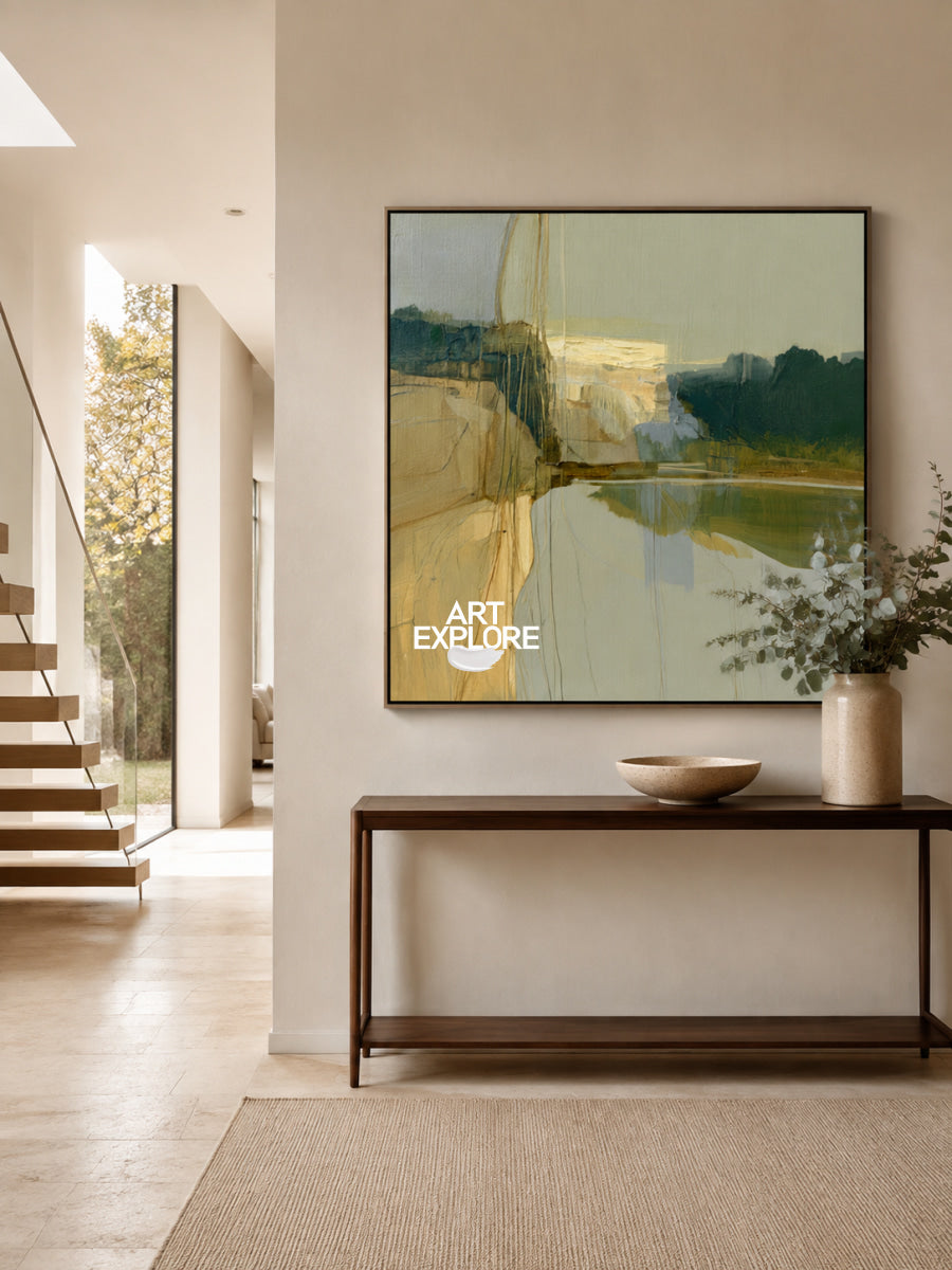 Abstract Landscape Canvas Painting In Green And Brown Tones For Modern Walls