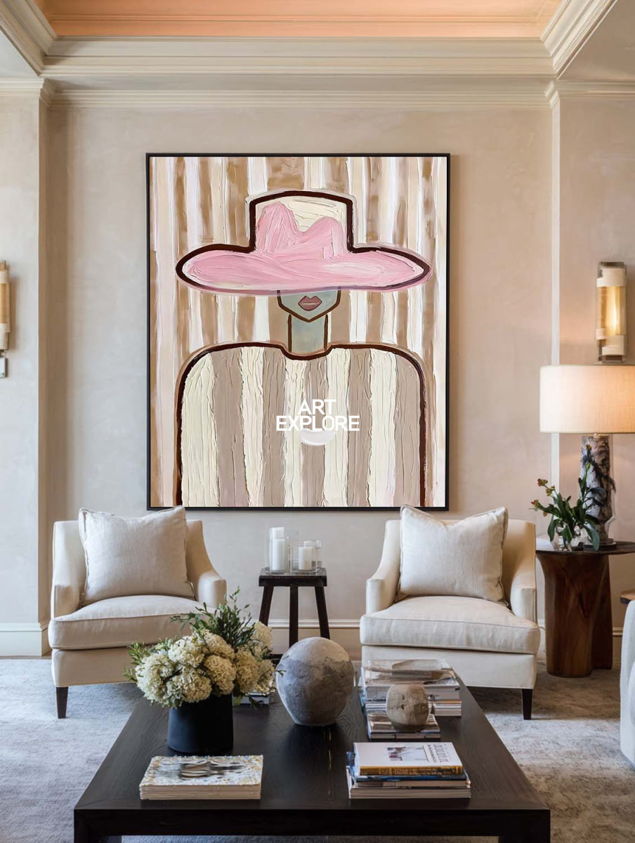 Minimalist Pink Hat Portrait Painting Brown Beige Abstract Wall Art For Living Room Vertical Canvas