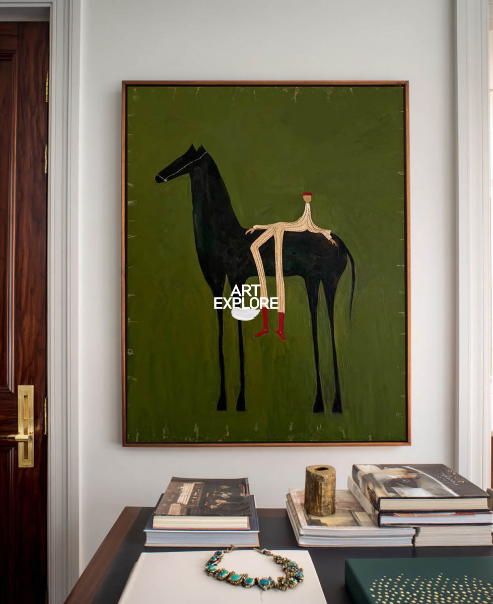 Minimalist Horse Painting Green Abstract Folk Art Canvas For Modern Home Decor