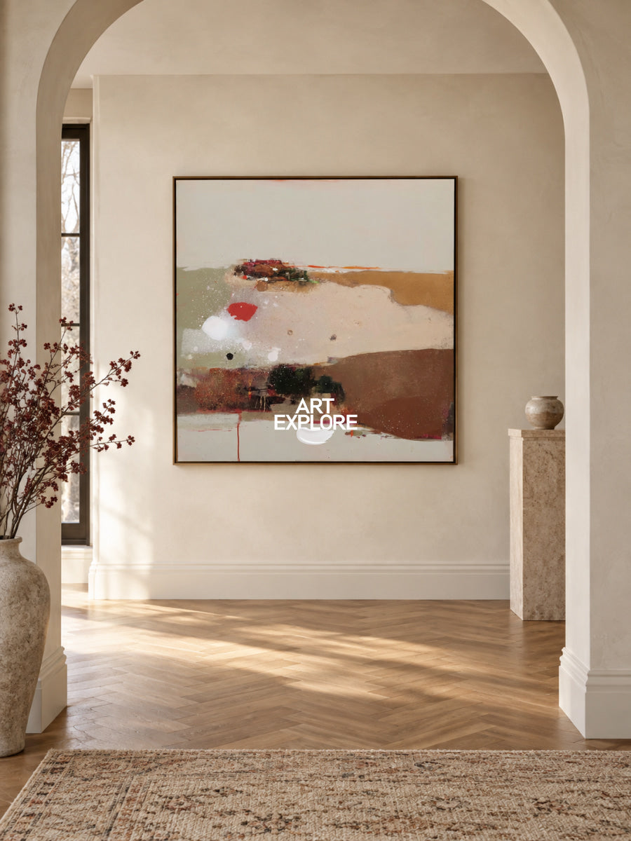Abstract Earth Landscape Canvas Painting With Red And Green Accents Original Art