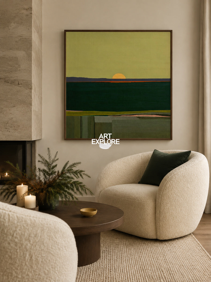 Minimalist Abstract Green Art With Geometric Forms And Sunset Glow Original Canvas
