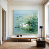 Mint & Azure Garden: Impressionist Lotus Flower Canvas Painting