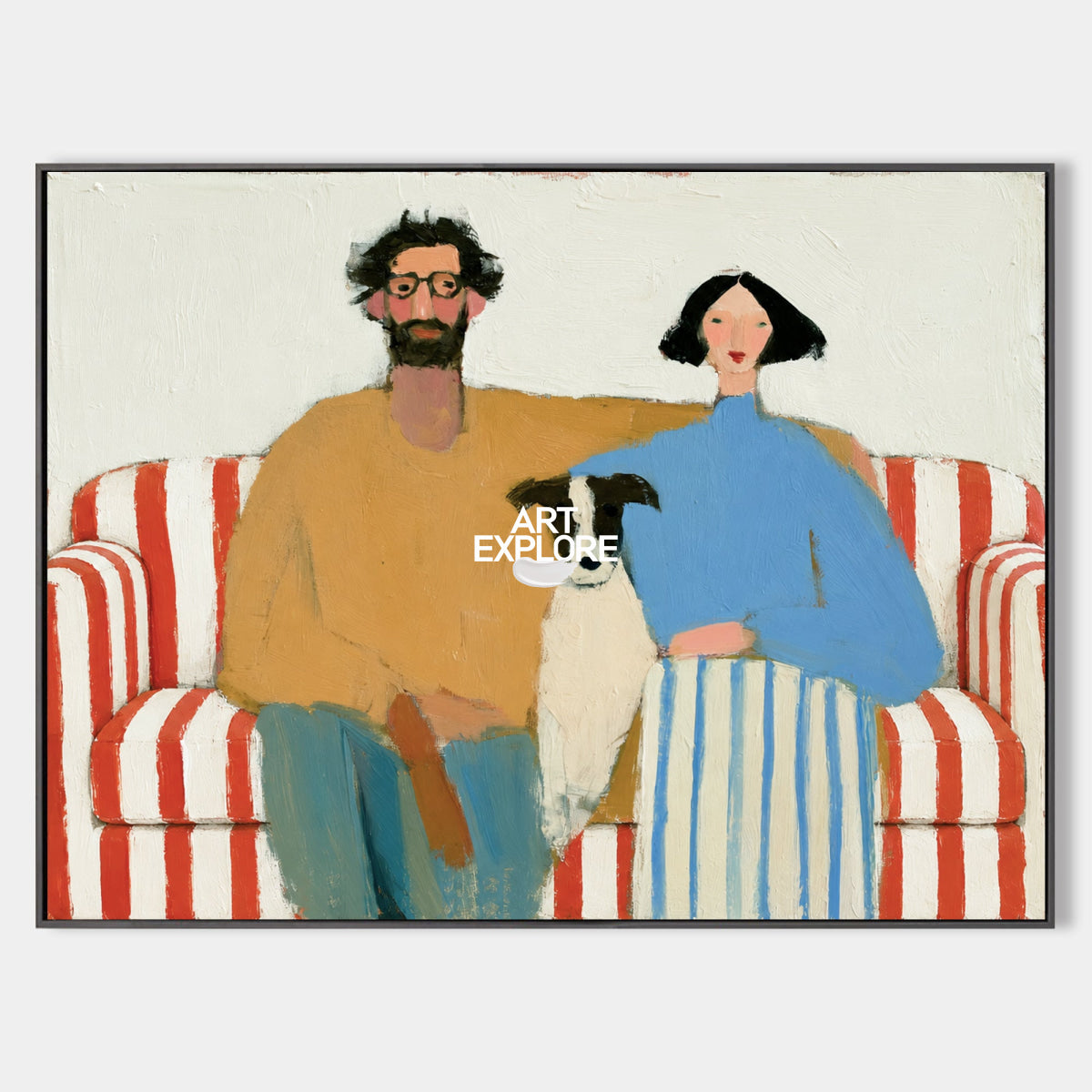 Abstract Couple And Dog Painting On Red Striped Sofa Hand-Painted Canvas Art