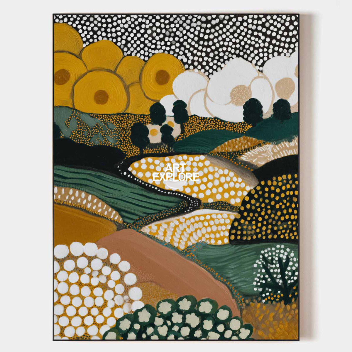 Modern Abstract Landscape Art With Spot Patterns In Earth Tones For Living Room Decor