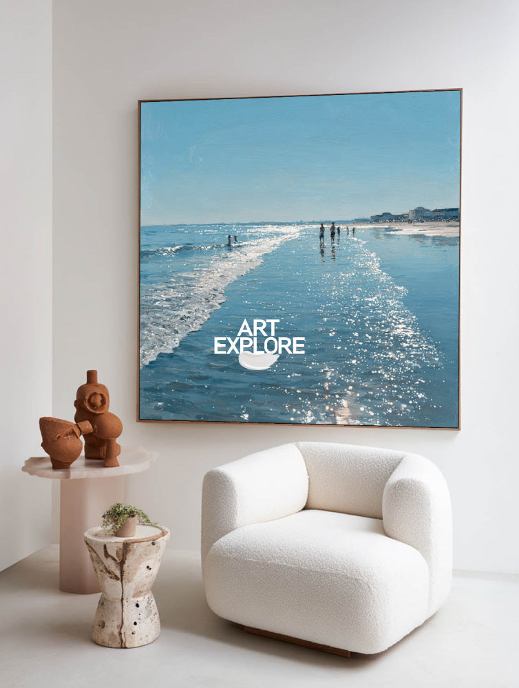 Modern Azure Ocean Seascape Large Ready to Hang Coastal Canvas Art