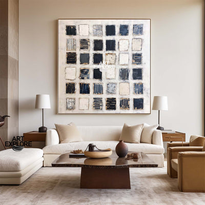 Modern Black & White Wabi-Sabi Grid Painting | Large Wall Decor | ArtExplore
