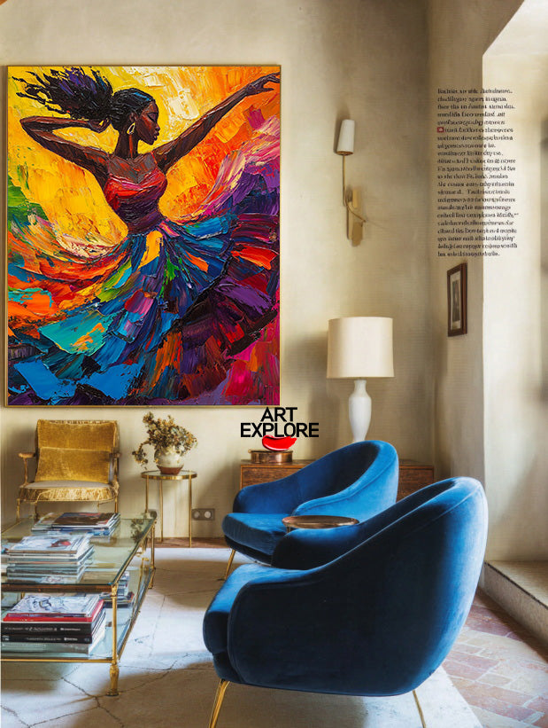 Modern Black Woman Dancing Painting, Beautiful Girl Wall Art Large Colorful Thick Texture Art