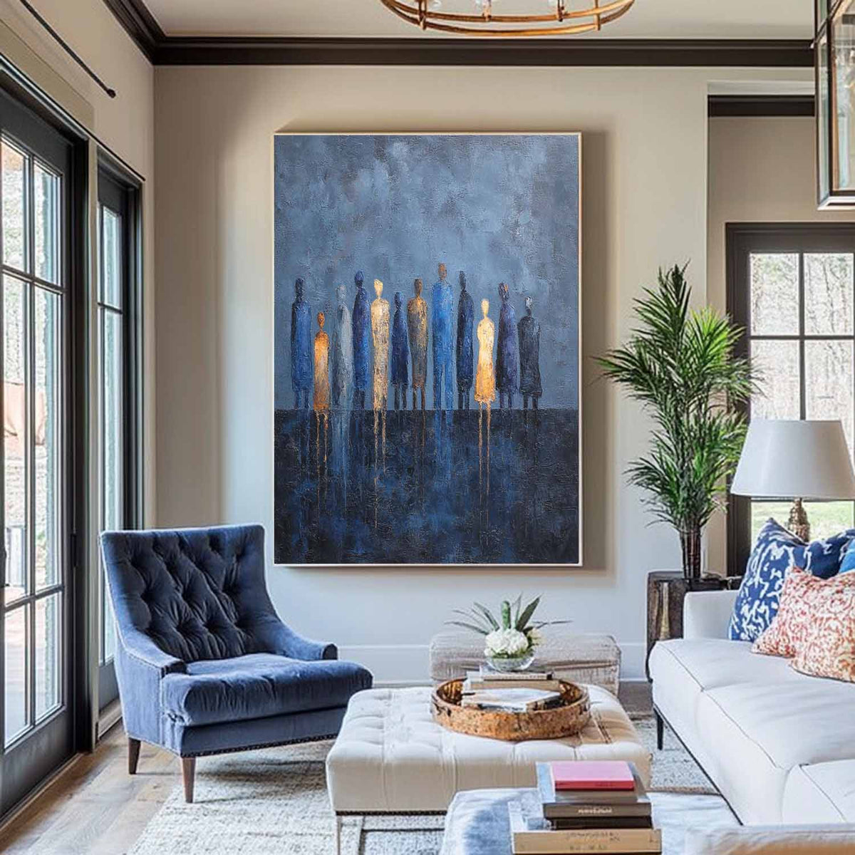 Modern Blue Abstract People Painting – Large Wall Decor for Lounge, Office, or Luxury Minimalist Homes