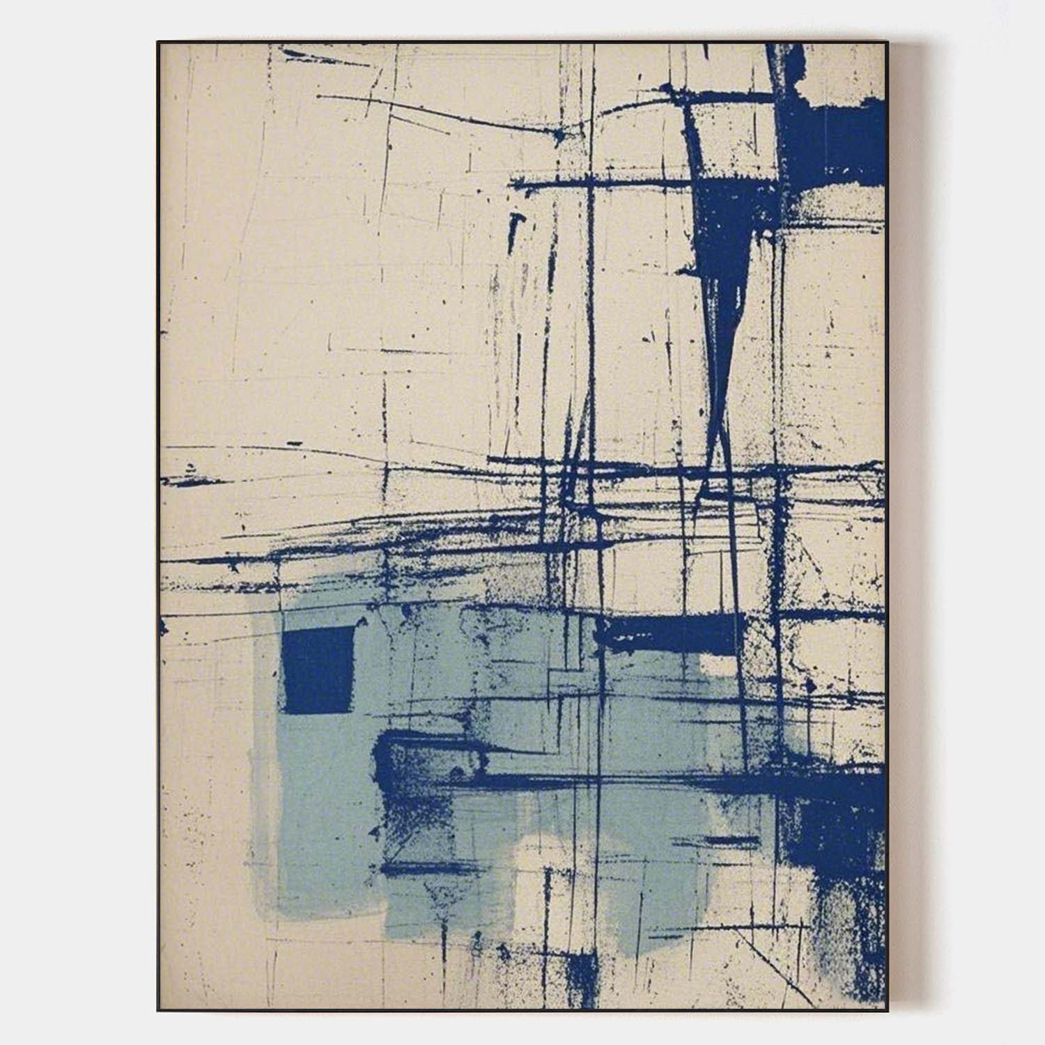 Modern Blue Beige Painting Blue Canvas Art Wabi Sabi Blue Beige Wall Art Large Fine Wall Art