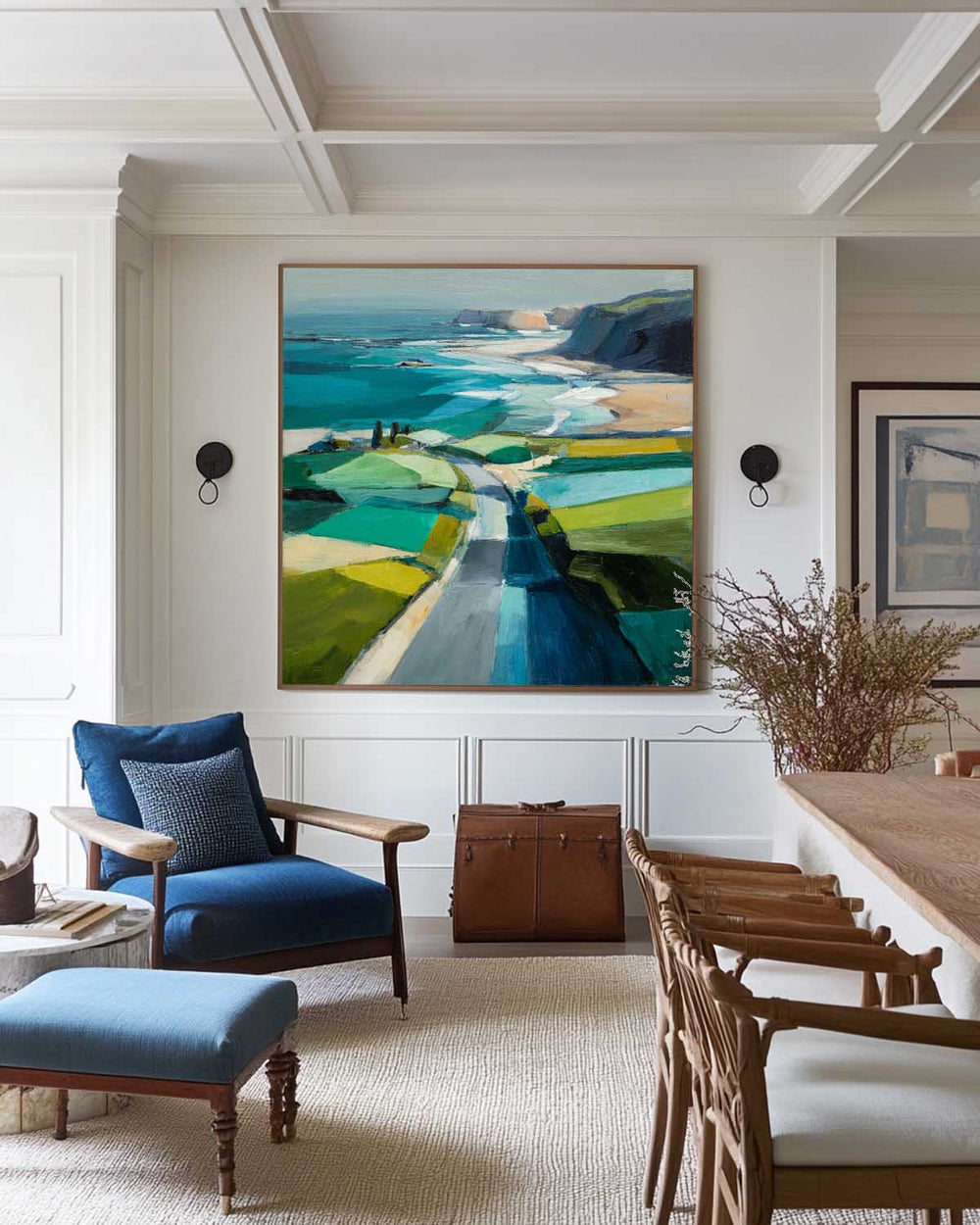 Blue Coastal Wall Art Large Blue Abstract Coastal Landscape Oil Painting For Office, ArtExplore