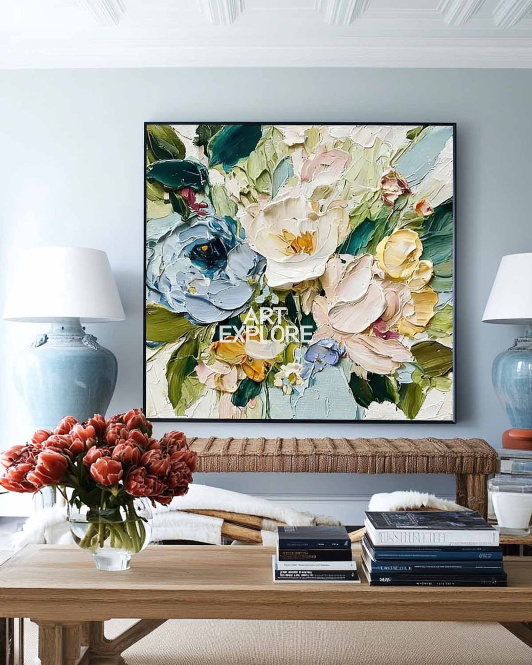 Modern Blue Floral Painting Square Textured Art for Large Spaces - ArtExplore