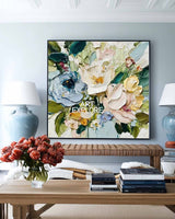Modern Blue Floral Painting Square Textured Art for Large Spaces - ArtExplore