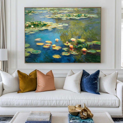 Modern Blue Green Water Lily Painting Large Lake Landscape Wall Art Blue Swamp Wall Art For Sale