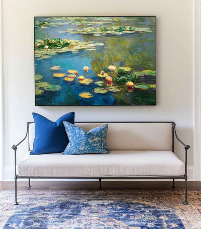 Modern Blue Green Water Lily Painting Large Lake Landscape Wall Art Blue Swamp Wall Art For Sale