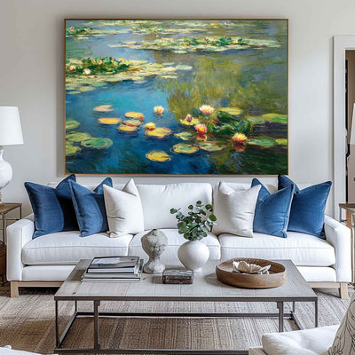 Modern Blue Green Water Lily Painting Large Lake Landscape Wall Art Blue Swamp Wall Art For Sale