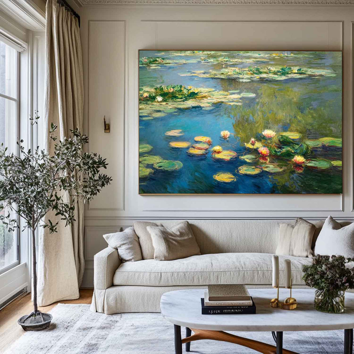 Modern Blue Green Water Lily Painting Large Lake Landscape Wall Art Blue Swamp Wall Art For Sale