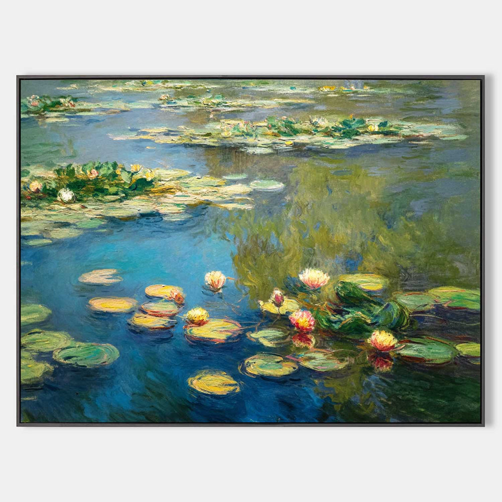Modern Blue Green Water Lily Painting Large Lake Landscape Wall Art Blue Swamp Wall Art For Sale
