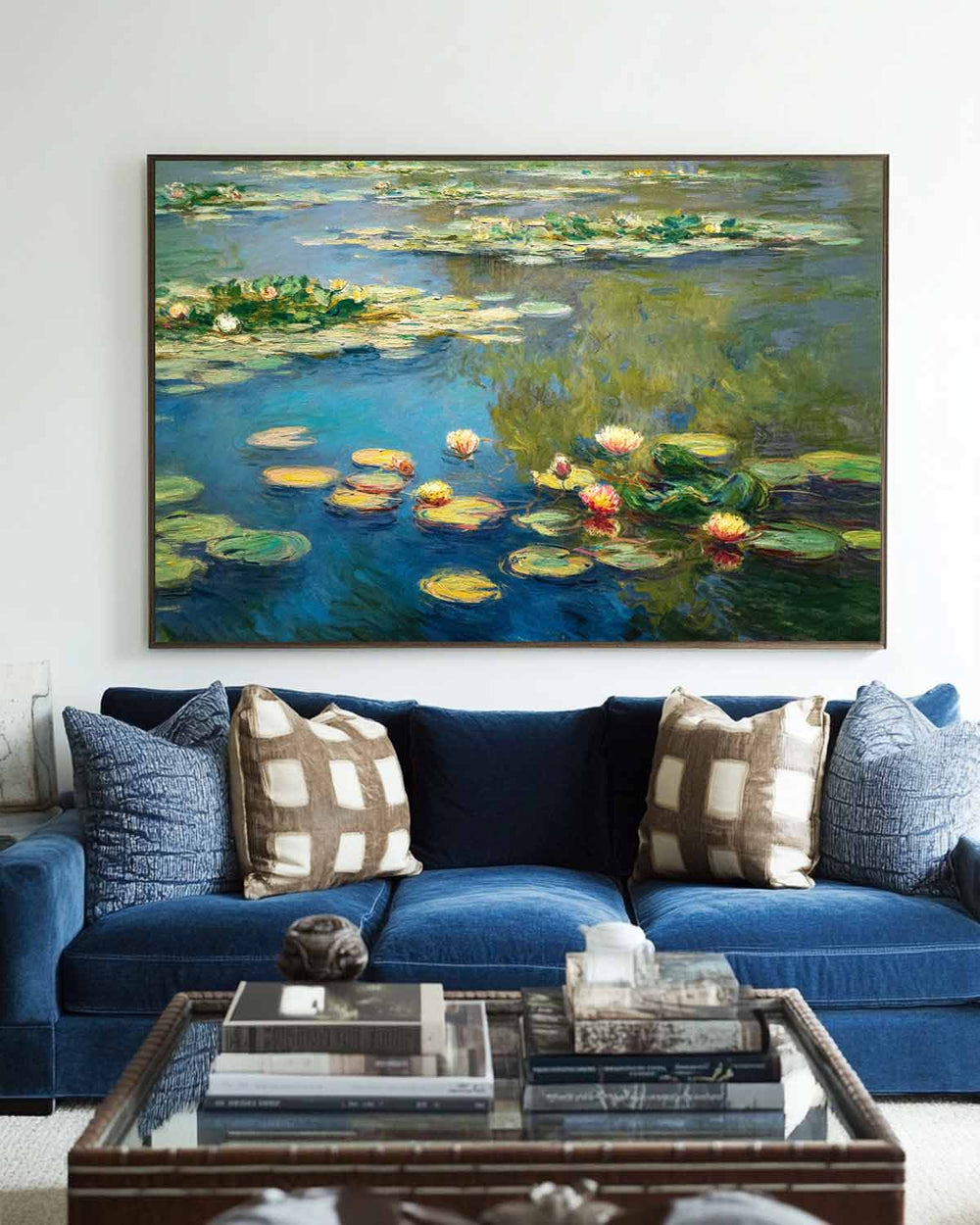 Modern Blue Green Water Lily Painting Large Lake Landscape Wall Art Blue Swamp Wall Art For Sale