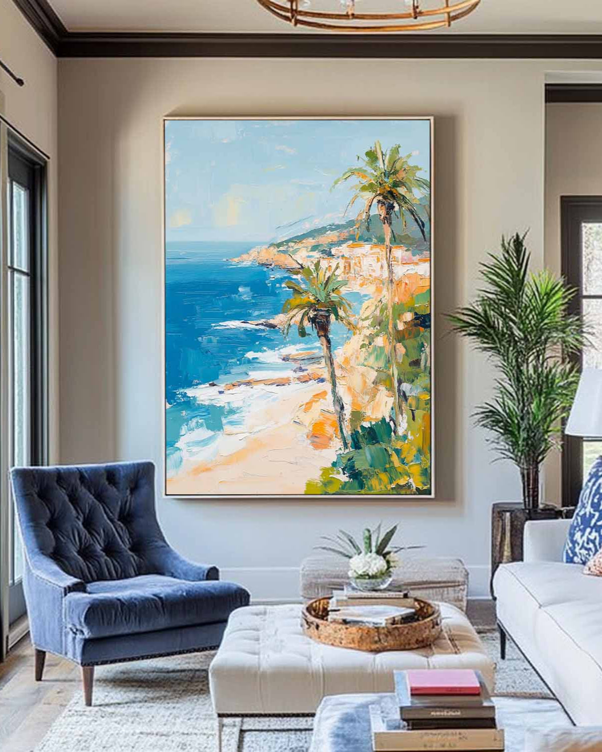 Modern Hawaiian Landscape Painting Palm Beach Wall Painting Blue Textured Seaside Wall Art for Sale