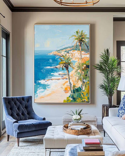 Modern Hawaiian Landscape Painting Palm Beach Wall Painting Blue Textured Seaside Wall Art for Sale
