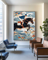 Modern Horse Racing Art | Large Blue Oil Canvas Equestrian Painting ArtExplore