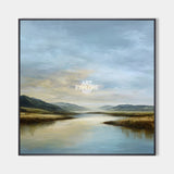 Modern Blue Lake Landscape Oil Painting, Large Lake View Wall Art For Livingroom | ArtExplore