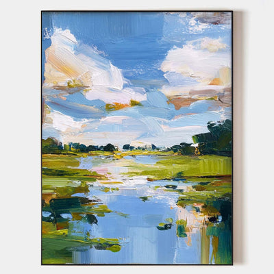 Modern Blue Lake Landscape Painting Large Pond Oil Painting Blue Green Texture Abstract Wall Art