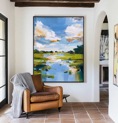 Modern Blue Lake Landscape Painting Large Pond Oil Painting Blue Green Texture Abstract Wall Art